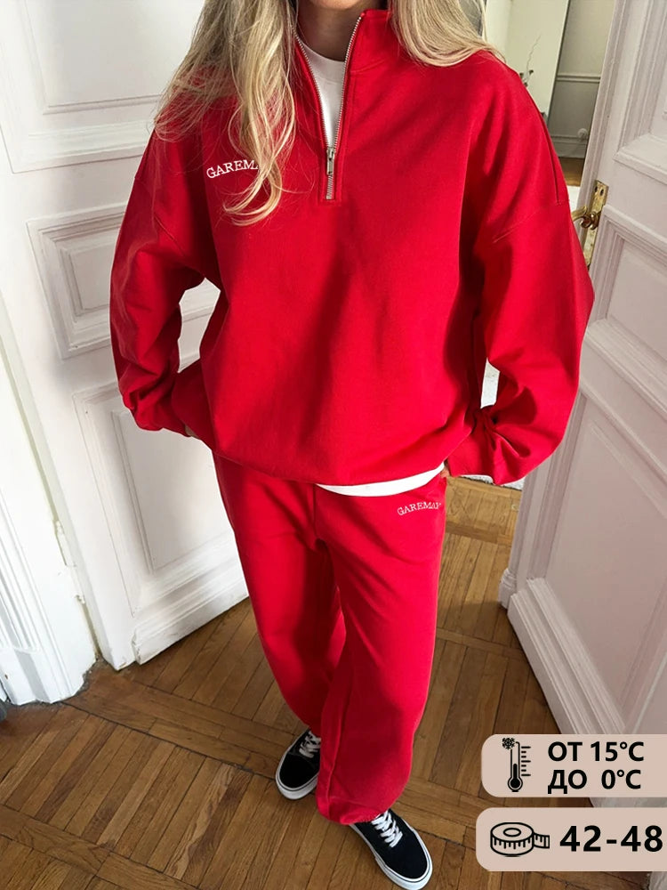 Spring Red Women's Tracksuit with Zipper Cotton Oversize Classic Two Piece Set Women Casual  Yellow Trouser Suits for Women 2026 Quick Pick Grocers