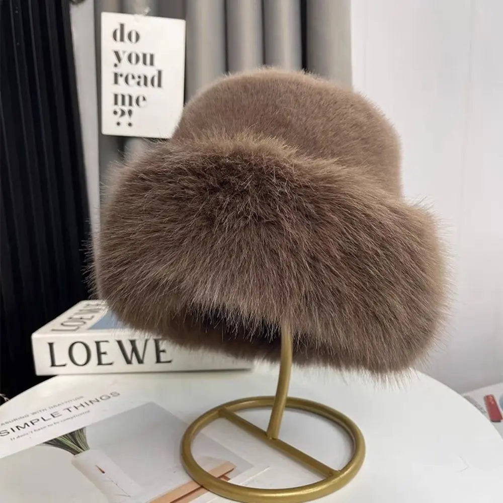 Fluffy Fur Fisherman Hat For Women Winter Plush Ear Protection Cap Windproof Warm Female Panama Caps Solid Fashion Bucket Hat Purest Peak
