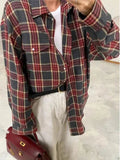 New Vintage Women Oversized Long Sleeve Plaid Shirt Blouse Tops Autumn Winter Button Down Loose Lapel Pocket Shirt Korean Style Quick Pick Grocers