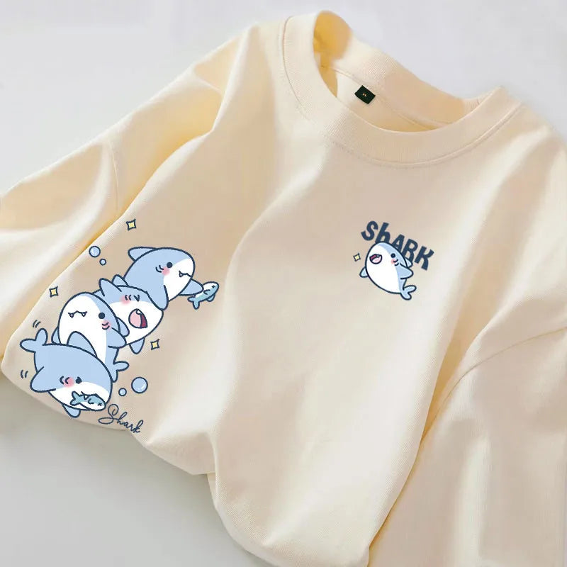 Cartoon Shark Print Simple Casual Loose Versatile Summer Short Sleeved T-shirt Quick Pick Grocers