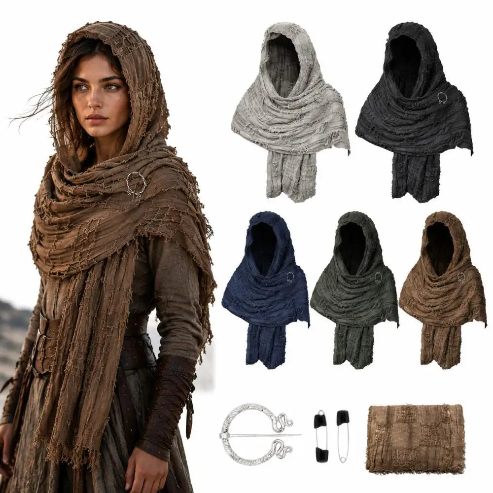 Medieval Vintage Hooded Shawl Scarf Cloak For Men Women Renaissance Halloween Tattered Layered Textured Frayed Cosplay Costume Quick Pick Grocers