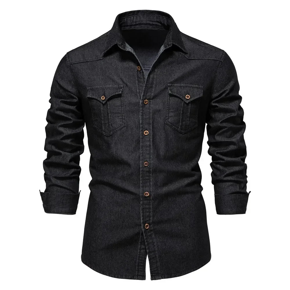 AIOPESON Brand Elastic Cotton Denim Shirt Men Long Sleeve Quality Cowboy Shirts for Men Casual Slim Fit Mens Designer Clothing Quick Pick Grocers