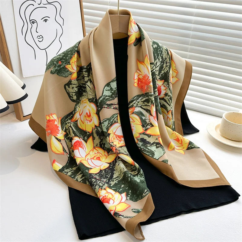 90*90Cm Square Scarf Twill Silk Feeling Women Head Shawls and Wraps Luxury Hair Tree Print Neck Scarves Hijab Bandana Pashmina Quick Pick Grocers