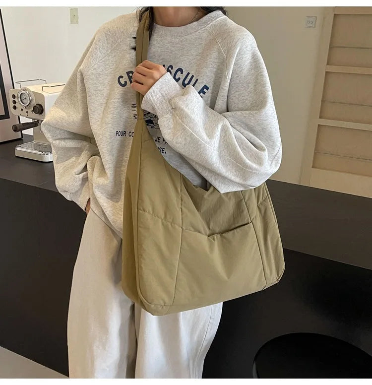 Trendy Women's Soft Cloth Shoulder Bag Solid Color Student 2026 Spring Y2k Casual Style Big Handbags Crossbody Bags for Women Quick Pick Grocers