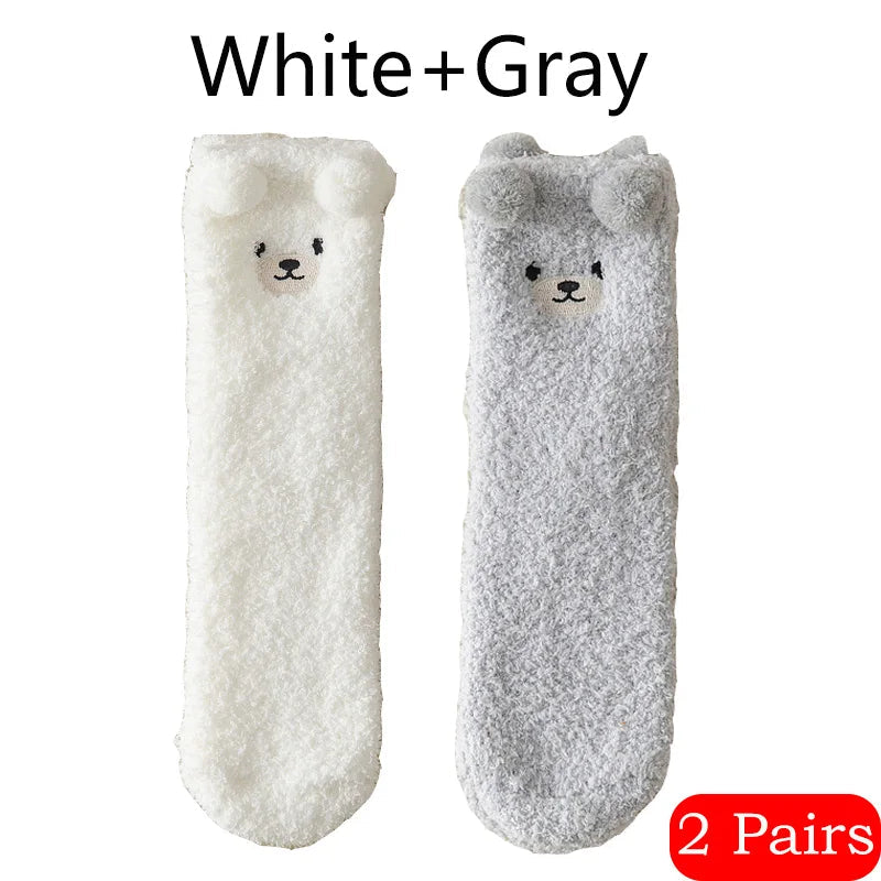 2 Pairs Cute Socks Bear Women Coral Velvet Thick Plush Warm Socks Sleep Fluffy Socks Cute Cartoon Lovely Floor Fuzzy Sock Winter Purest Peak