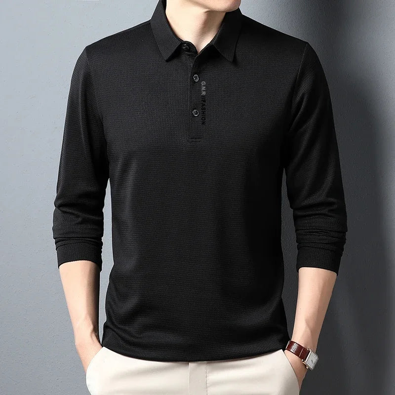 Men's Waffle Long Sleeved POLO Shirt with Letter Printed Lapel Casual Top Quick Pick Grocers