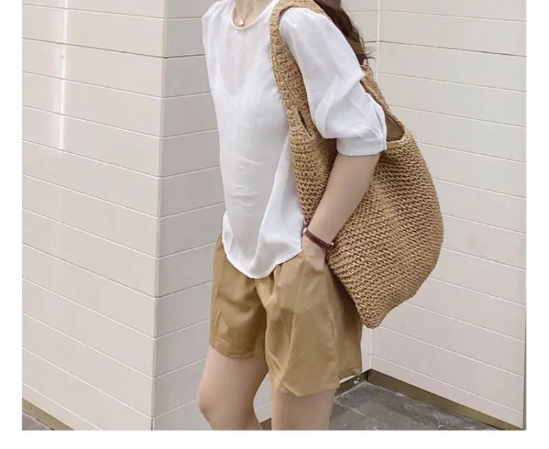 French Style Large Capacity Woven Straw Woven Bag for Women New Beach Vacation Shoulder Bag Casual Commuting Tote Bag Purse Quick Pick Grocers