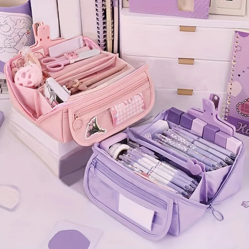 Large Capacity Pencil Case Organizer - Multi-Compartment Desktop Storage for School & Office Supplies ( Pink/Purple/Black) Quick Pick Grocers