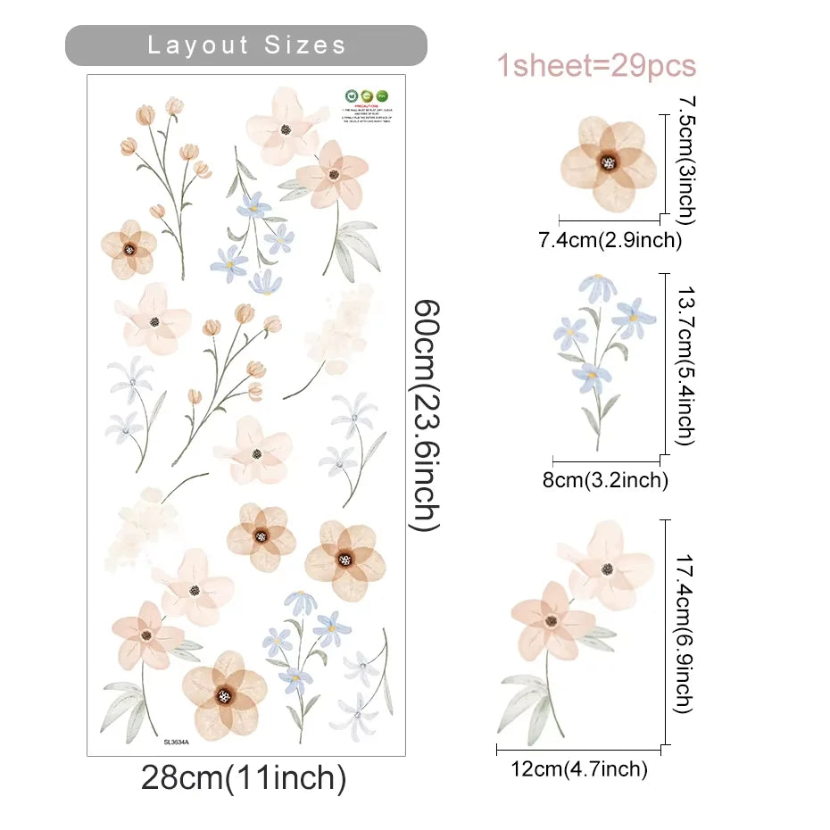 Boho Flowers Wall Stickers Child Watercolor Bedroom Living Room Home Decor Art Eco-frienly Removable Decals PVC Murals Econic Blanks
