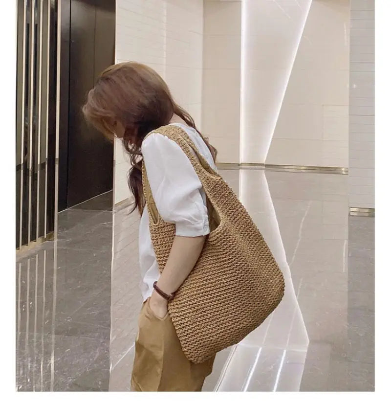 French Style Large Capacity Woven Straw Woven Bag for Women New Beach Vacation Shoulder Bag Casual Commuting Tote Bag Purse Quick Pick Grocers