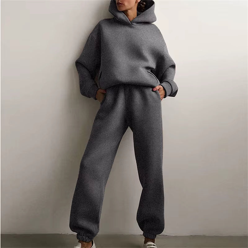 Women's Tracksuit Suit Autumn Fashion Warm Hoodie Sweatshirts Two Pieces Oversized Solid Casual Hoody Pullovers Long Pant Sets Quick Pick Grocers