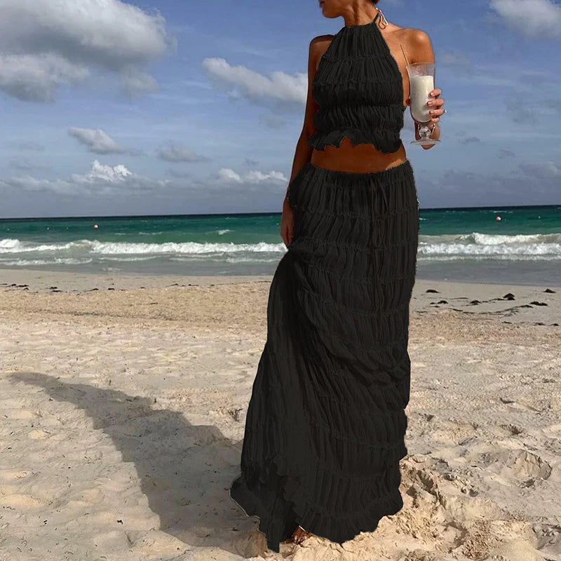 Women Boho Sexy Backless Matching Suit 2 Piece Beach Holiday Outfits Vintage Ruched Halter Cami Tops + Maxi Long Skirt Party Quick Pick Grocers