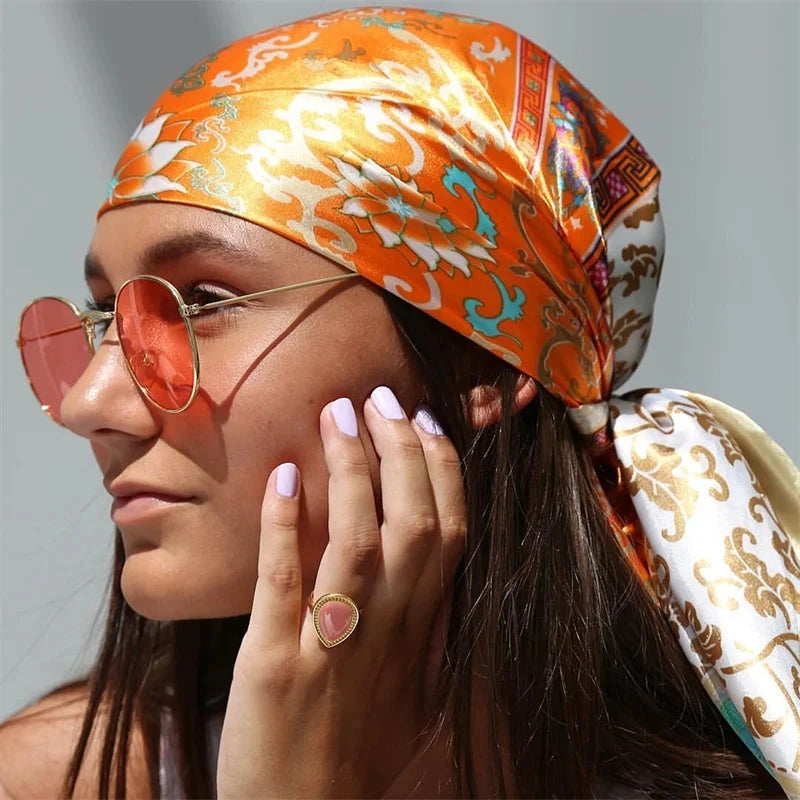 Satin Square Scarf Women Muslim Hijab Elegant 2025 Print Silk Neckerchief Shawl Wraps Headband Handle Hair Accessories Bandana Econic Blanks