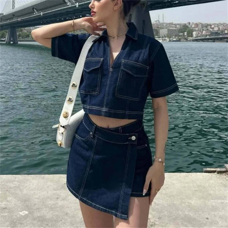 MUJER Blue Denim Shirt Woman Short Sleeve Cropped Shirt Women Summer Short Tops Woman Streetwear Y2k Stylish Women's Blouses Quick Pick Grocers