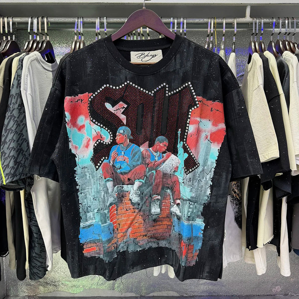 Shinning Bling Diamond Short Sleeve Cropped T-shirt for Men and Women Crew Neck Rhinestone Loose Cotton Summer Tshirts Oversized Quick Pick Grocers