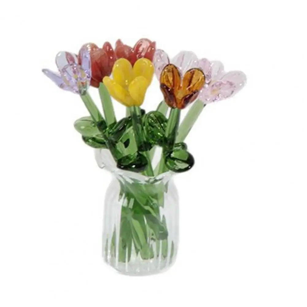 Glass Flower Decor Handcrafted Floral Sculpture Hand-blown Glass Flower Bouquet with Vase Mini Floral Decoration for Home Room Quick Pick Grocers