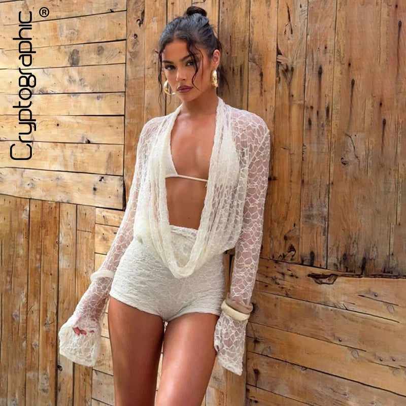 Cryptographic Fashion Halter Draped 3 Piece Sets Beach Outfits Hollow Out Lace Up Bikini Shorts Long Sleeve Co-ords Sets Suits Quick Pick Grocers