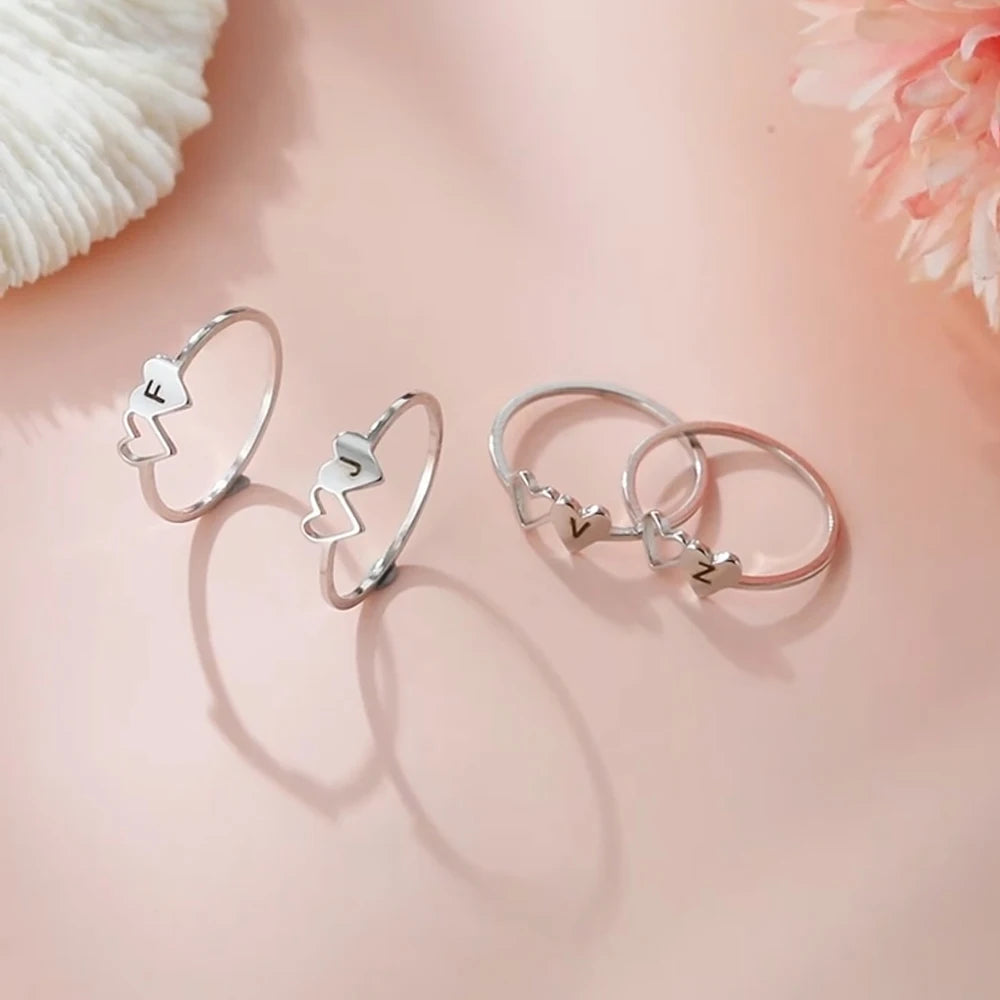 COOLTIME Initial Letter Ring for Women Stainless Steel A-Z Alphabet Double Heart Rings Simple Wedding Cheap Gift For Lover Quick Pick Grocers
