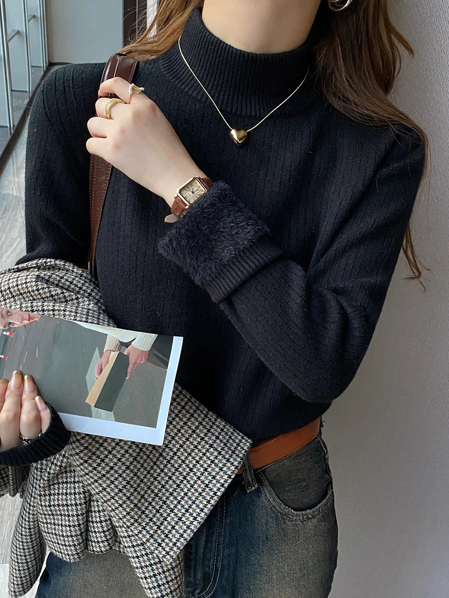 Women's Turtleneck Sweater Winter 2026 Retro with Velvet Lining Thickened Inner Wear Thermal Knitting Bottoming Shirt Pullovers Quick Pick Grocers