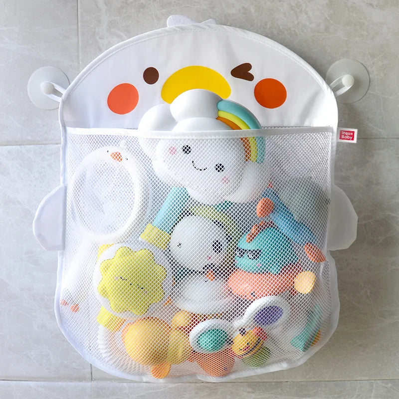 QWZ New Cartoon Duck Baby Bathroom Mesh Bag Sucker Design For Bath Toys Kids Animal Shapes Cloth Sand Toys Storage Net Bag Quick Pick Grocers