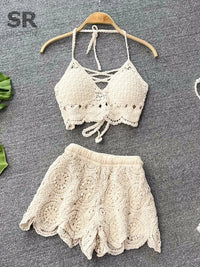 SINGREINY Knit Two Piece Sets Women Summer Vacation Backless Camisole Elastic Waist Shorts Hollow Out Y2K Beach Style Suits Quick Pick Grocers
