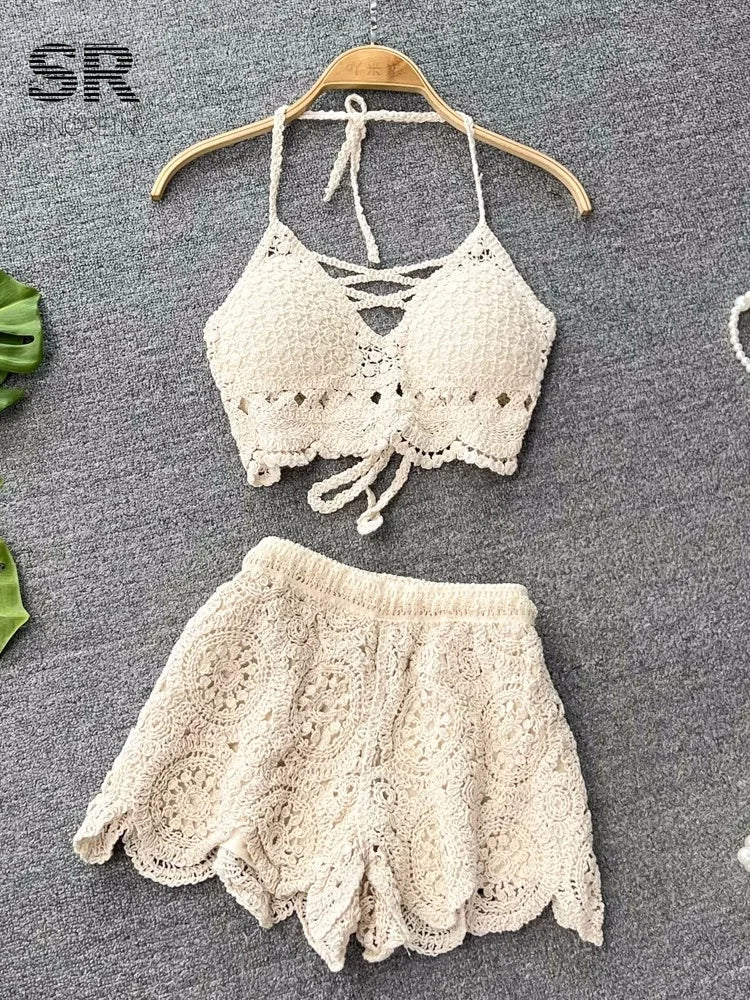 SINGREINY Knit Two Piece Sets Women Summer Vacation Backless Camisole Elastic Waist Shorts Hollow Out Y2K Beach Style Suits Quick Pick Grocers