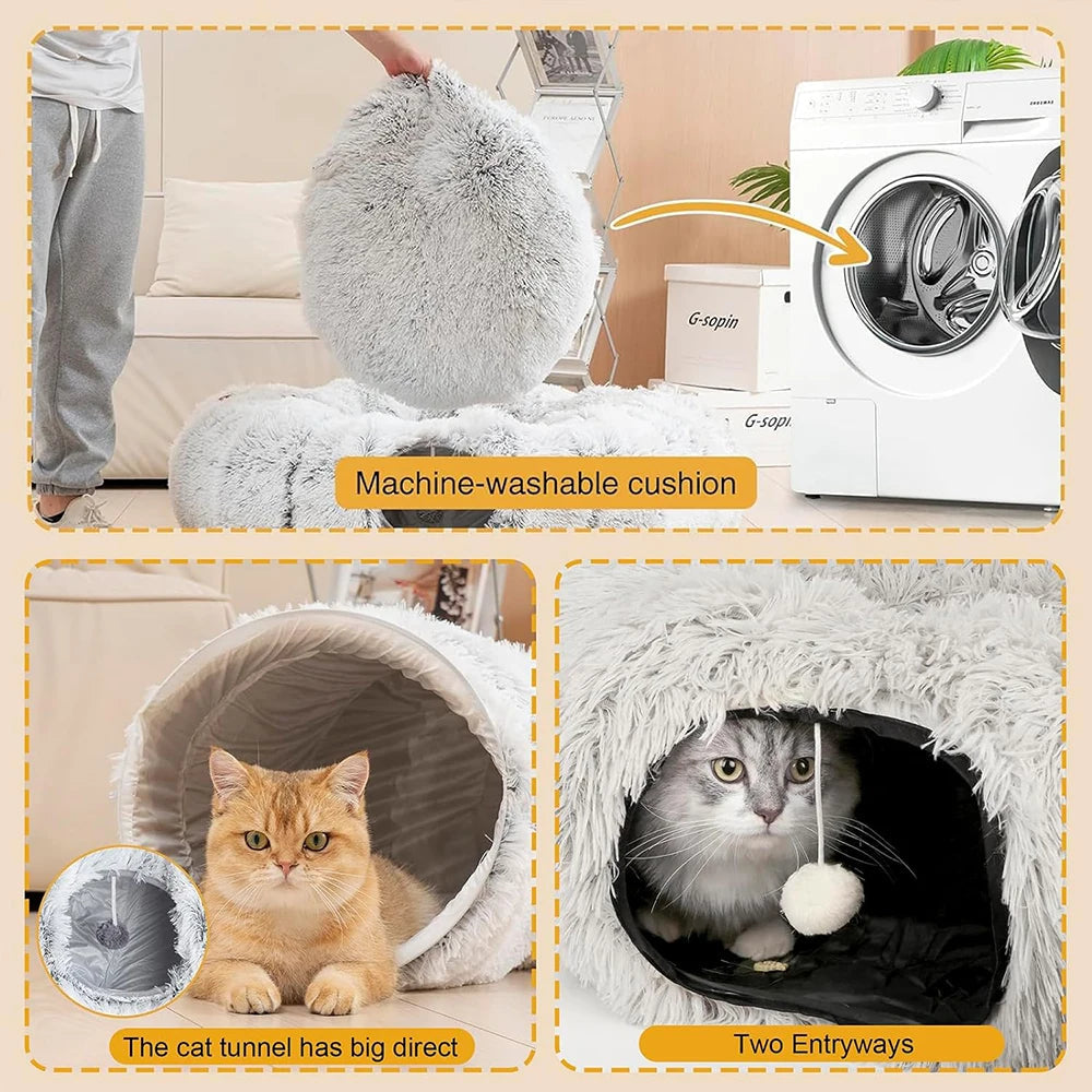 Winter New Arrival Plush Cat Tunnel Bed Foldable Two-in-One round Warmth Pet Nest Thickened Cozy Cuddly Cat Hideaway Quick Pick Grocers