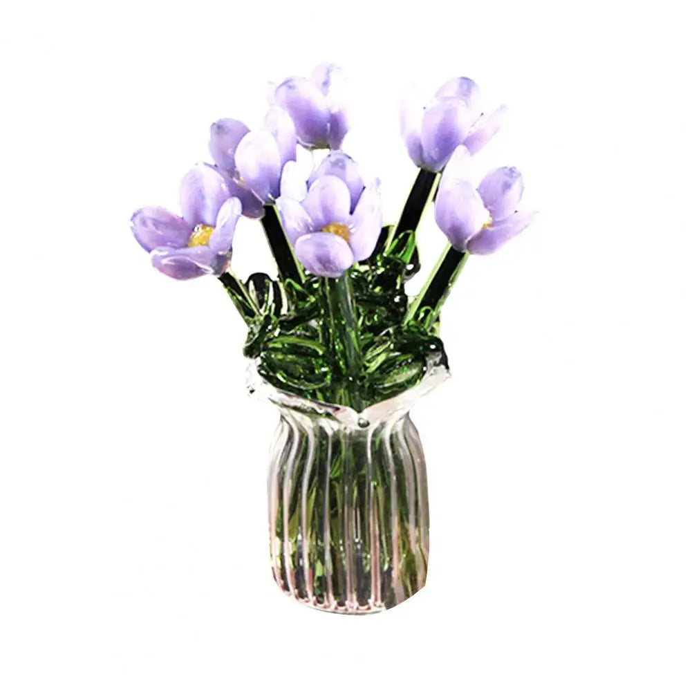 Glass Flower Decor Handcrafted Floral Sculpture Hand-blown Glass Flower Bouquet with Vase Mini Floral Decoration for Home Room Quick Pick Grocers