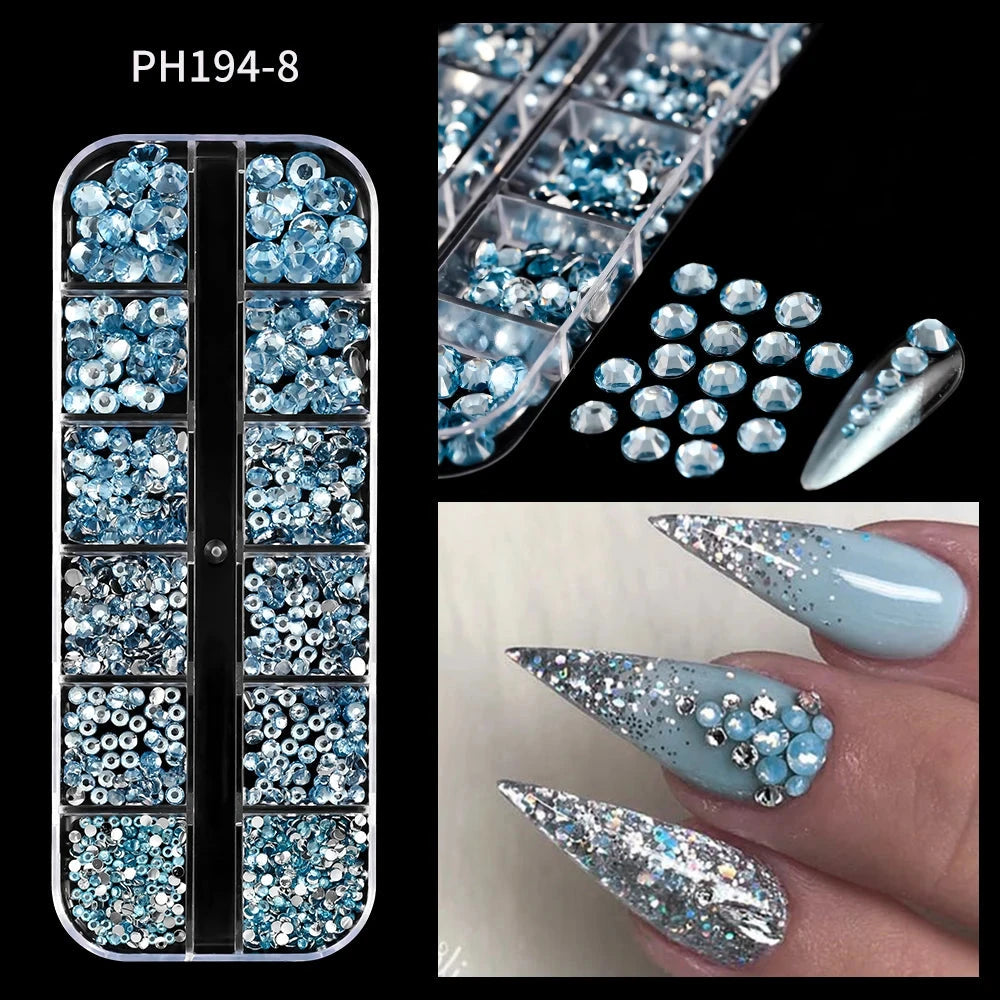 12Grids SS6-SS30 Mixed Nail Rhinestones Shiny Clear/Gold/Pink/Blue Diamond Flat-back Nail Gems Glass Stones Nails Decoration Econic Blanks