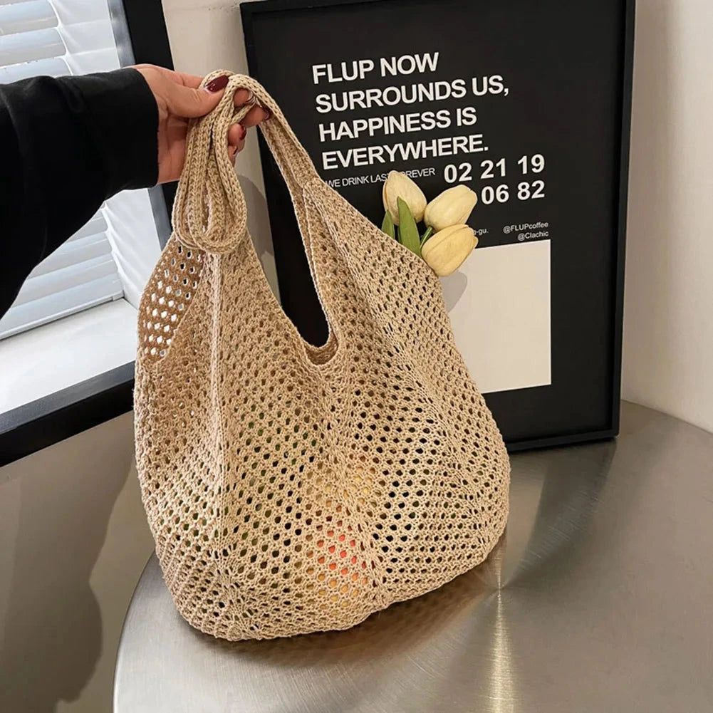 Women Knitting Shoulder Bag Large Capacity Knitting Underarm Bag Solid Crochet Tote Handbag Summer Mesh Beach Bag Hobo Bag Econic Blanks