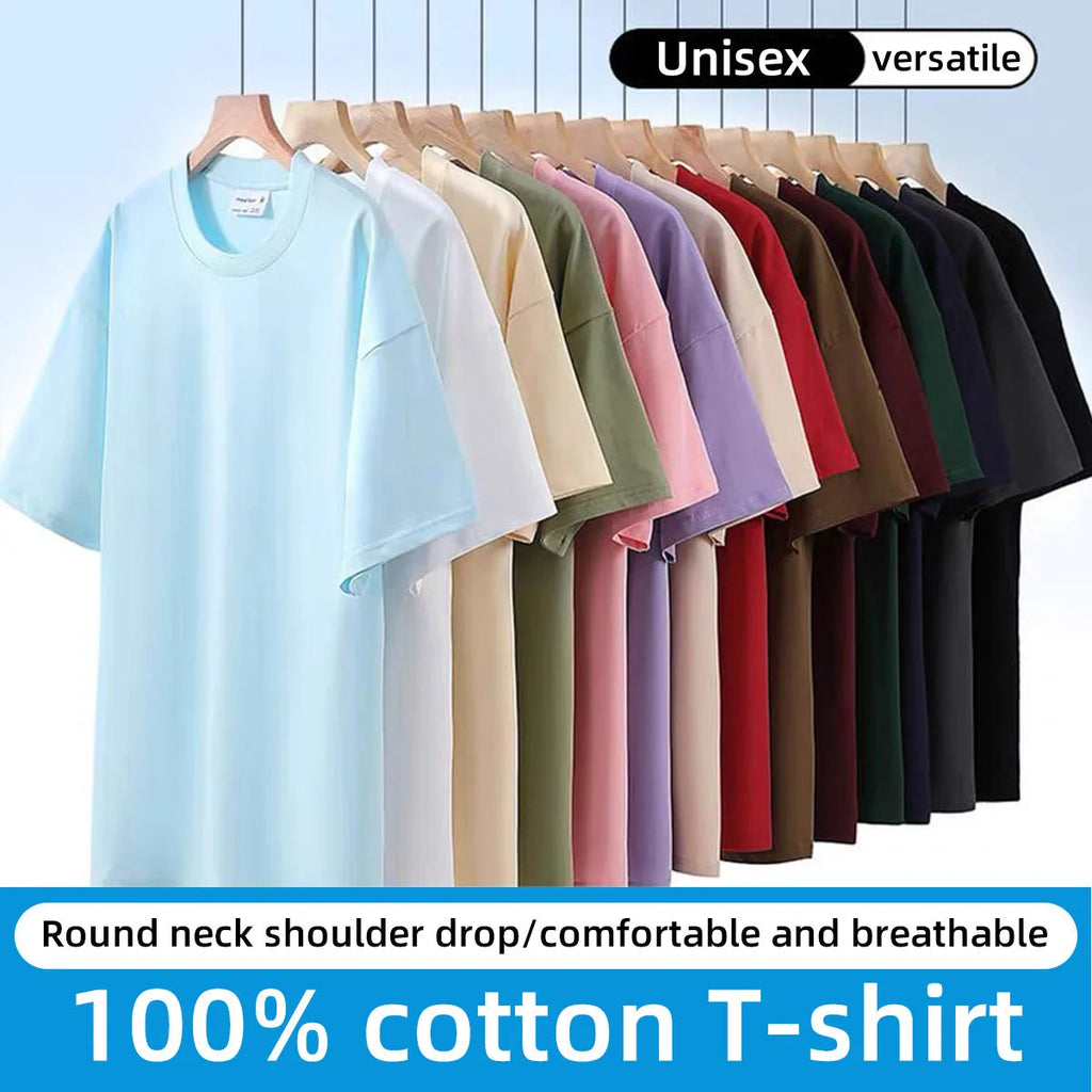 100% Pure Cotton T-Shirt With Round Neck Shoulder Design For Both Men Women Summer Solid Color Short Sleeved Casual Loose Fit Quick Pick Grocers