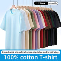 100% Pure Cotton T-Shirt With Round Neck Shoulder Design For Both Men Women Summer Solid Color Short Sleeved Casual Loose Fit Quick Pick Grocers
