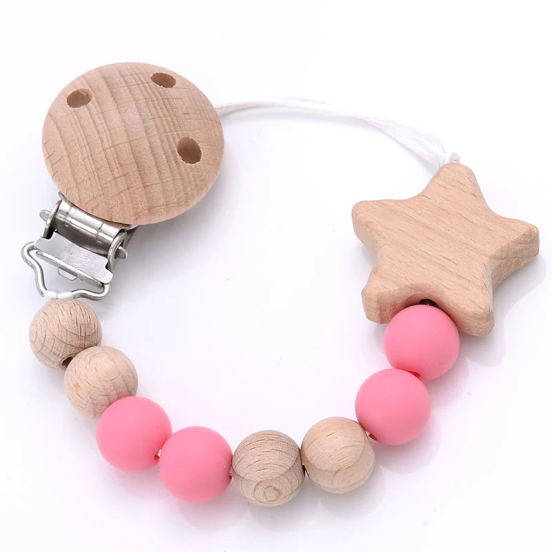 Baby Pacifier Chain Clips Wood Pentagram Teether Silicone Round Beads Teething Chain For Baby Care Soother Chew Toys Shower Gift Purest Peak
