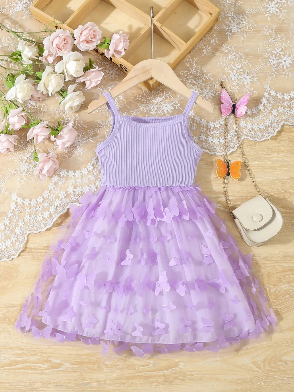 Summer Toddler  Kids  Girl's Clothes  Baby's Butterfly Decor Mesh Splicing Cami Dress Elegant Sleeveless Princess Dress Quick Pick Grocers