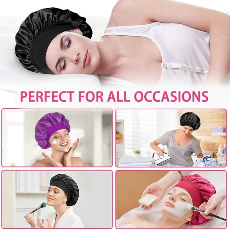 Women Satin Bonnet Hair Bonnet for Sleeping Hair Care Silk Bonnets Solid Wide-brimmed Sleeping Hat with Elastic Soft Band Econic Blanks