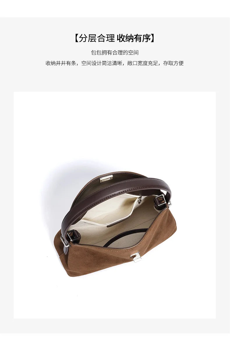 2026 Autumn Winter All-match Bowling Tote All-match Matte Suede Cowhide Leather Women Shoulder Bag Coffee Purple Noble Handbag Quick Pick Grocers