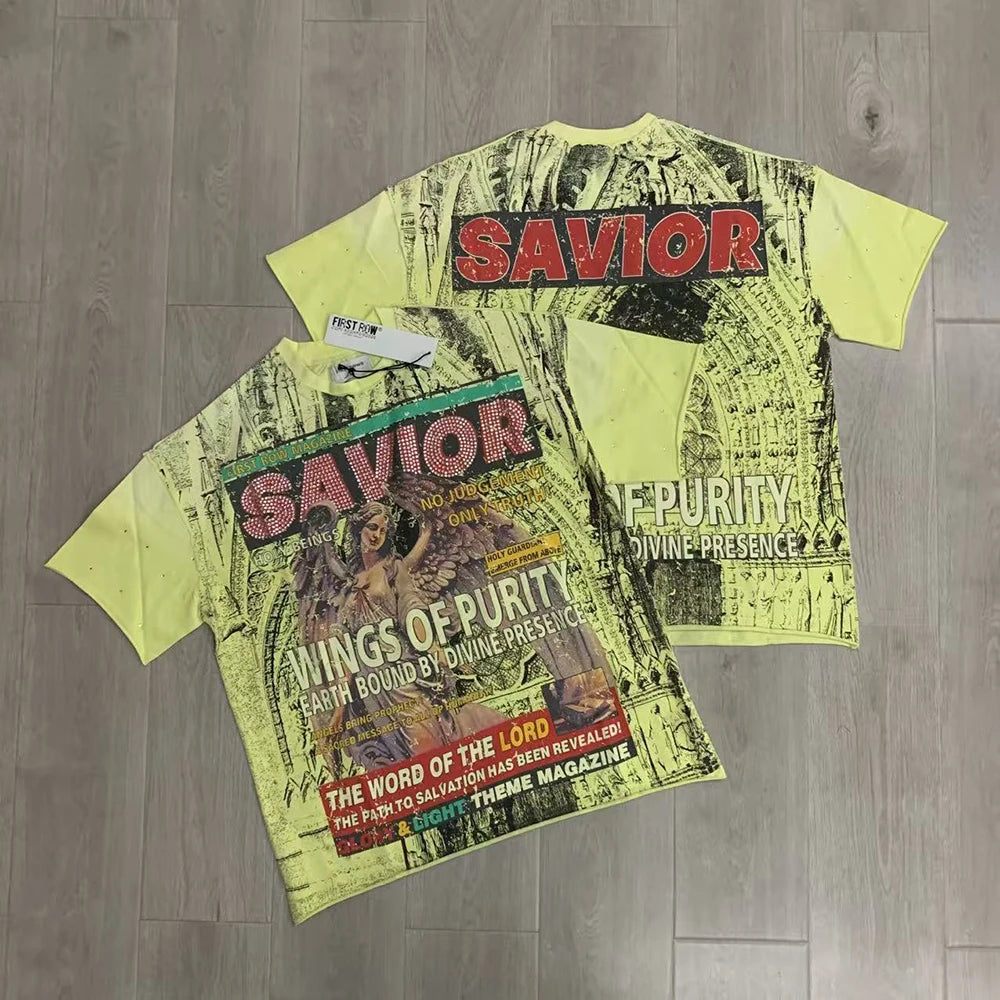 Streetwear Vintage Washed Diamond Cropped Tee for Men Crew Neck Short Sleeve Loose Cotton Rhineston Tshirts Oversized Quick Pick Grocers