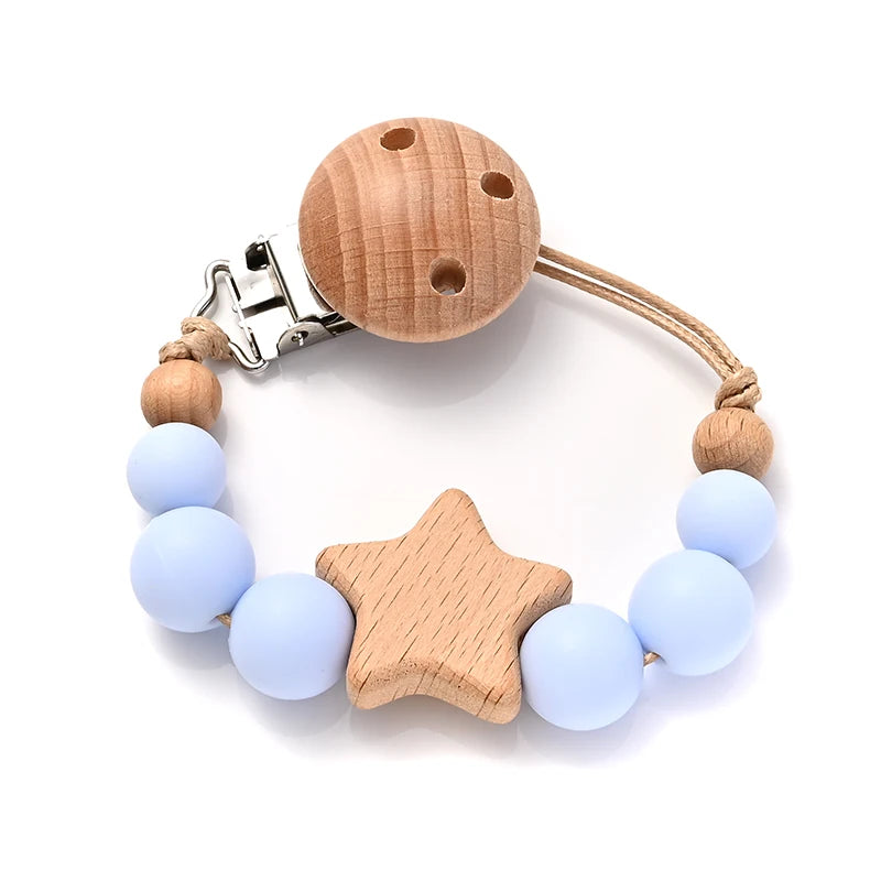 Baby Pacifier Chain Clips Wood Pentagram Teether Silicone Round Beads Teething Chain For Baby Care Soother Chew Toys Shower Gift Purest Peak
