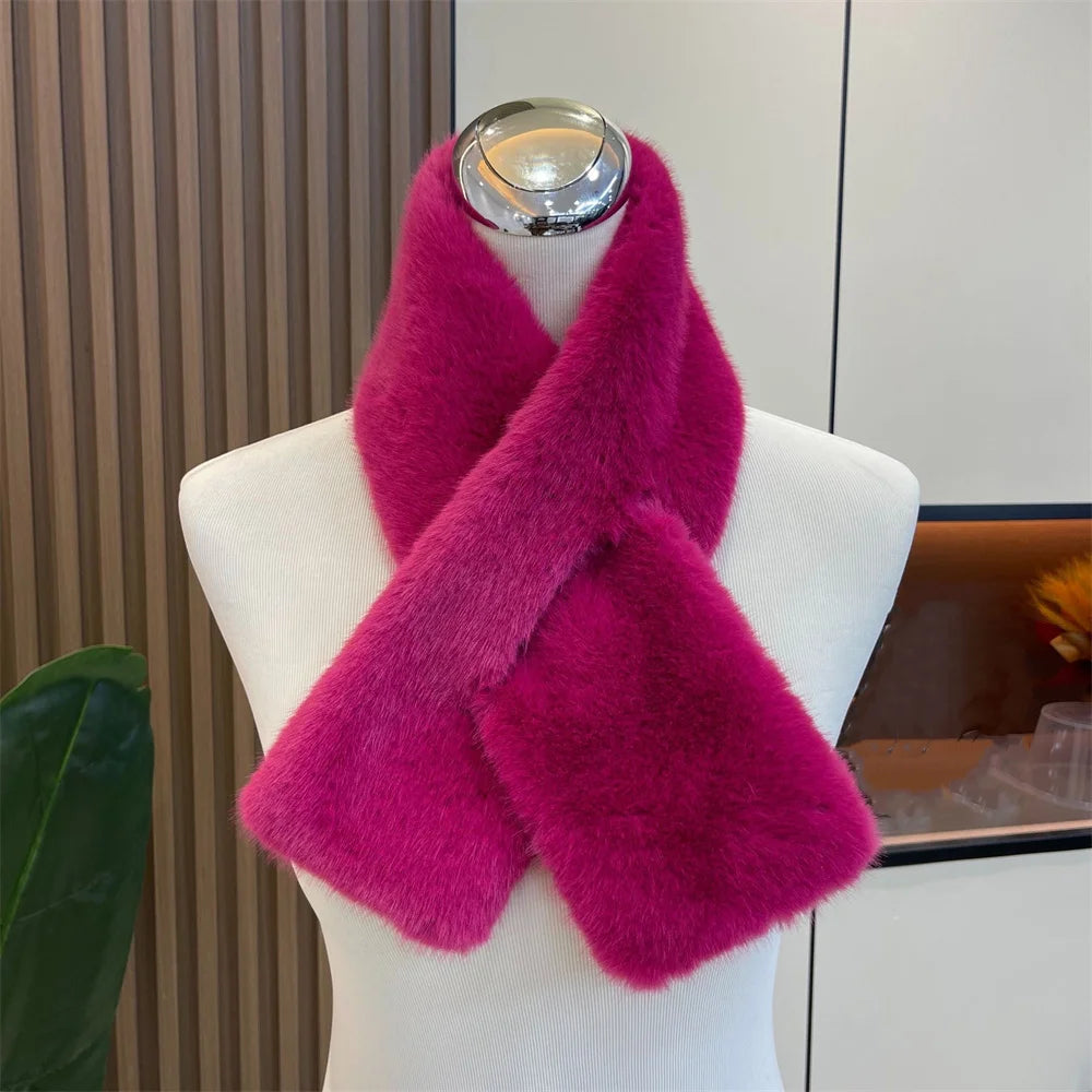 Women Winter Warm Thicken Cross Collar Scarf Solid Color Faux Rabbit Fur Cold Proof Scarves Fashion Soft Furry Neck Warmer Quick Pick Grocers