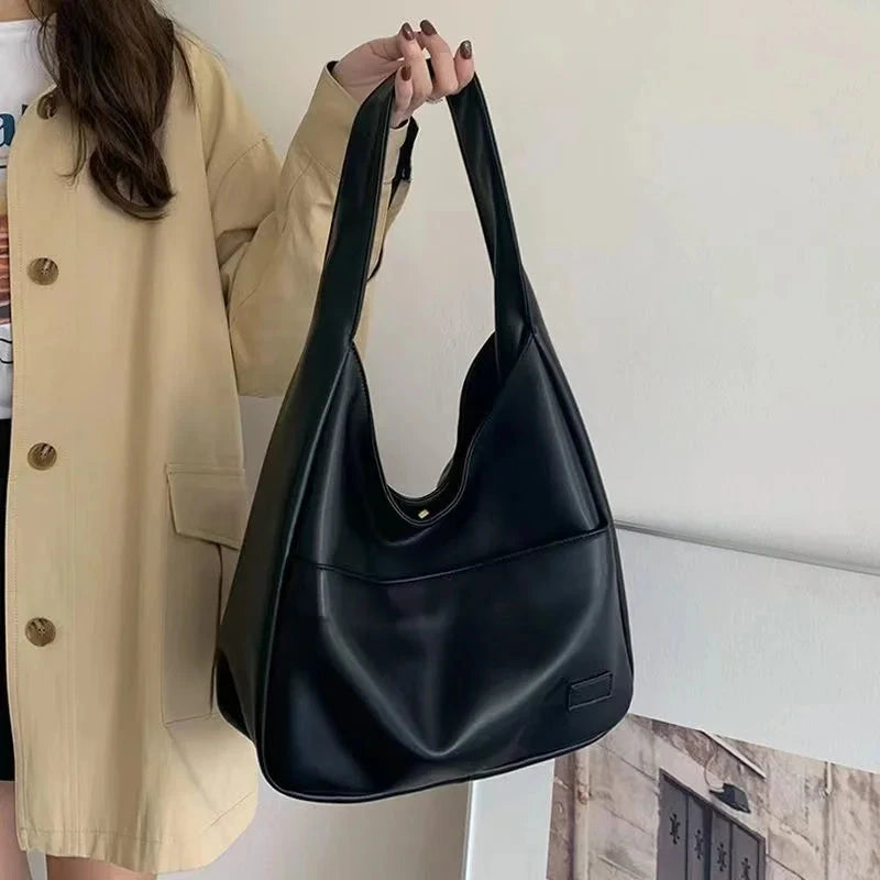Large capacity tote bag, new black leather simple casual commuting women's bag, fashionable and versatile single shoulder bag Econic Blanks