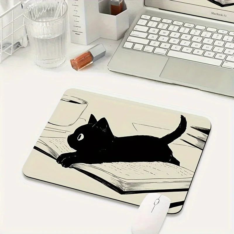 Black Cat Illustration Mouse Pad Small Office Table Mats Computer Accessories Washable Non-slip Rubber with Precision Lock Edge Quick Pick Grocers