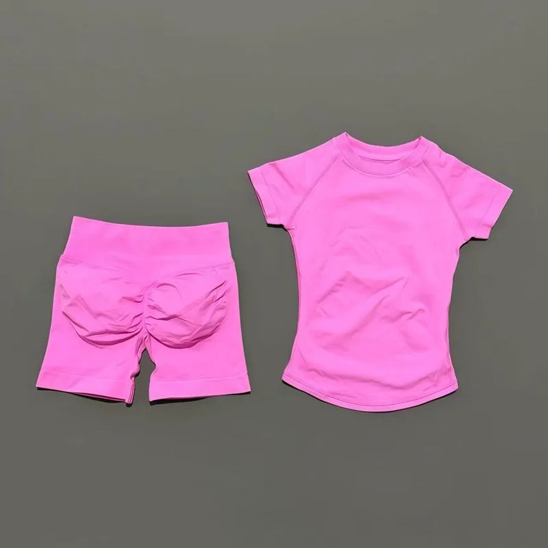 2 Pcs HISTELLO Sports Gym Sets Short Sleeve Seamless Yoga Clothing Fitness Set Women Workout Running Sports Short Leggings Suit Quick Pick Grocers