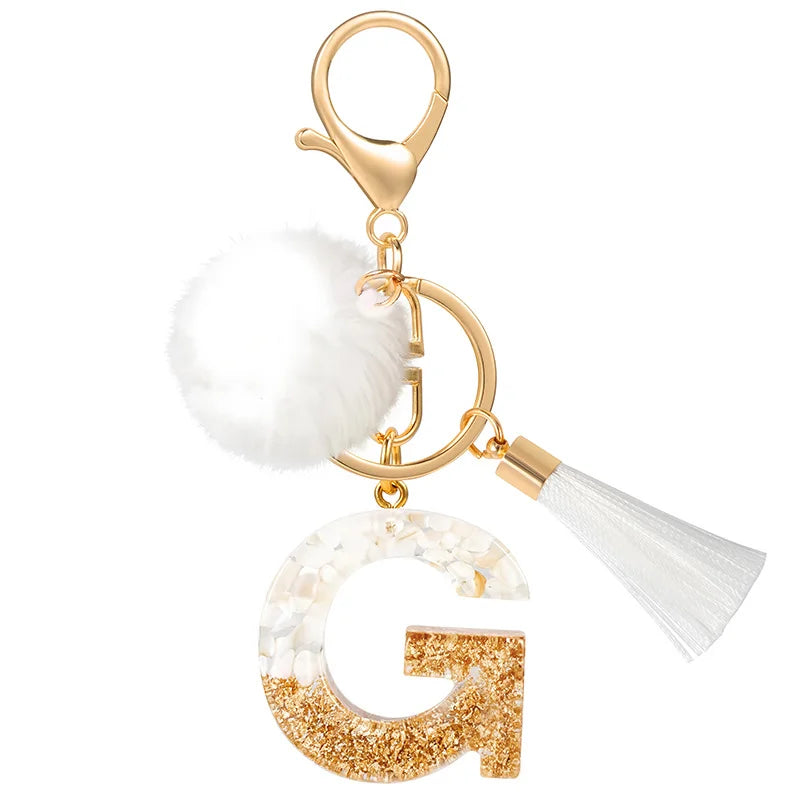 Creative Resin Initials White Fringe Fur Ball Women Keychain A-Z Letter Pendant Handbag Decor Car Key Ring Jewelry Gift Quick Pick Grocers