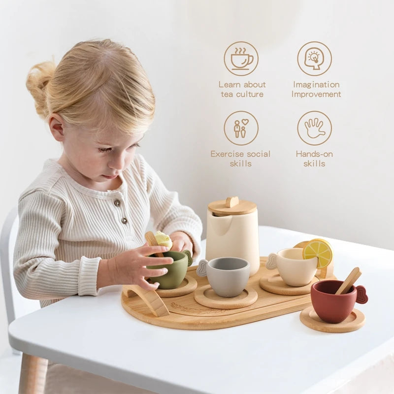 Wooden Children Montessori Toy Teapot Teacup Simulation Kitchen Utensil  BPA Free Silicone Kid Education Pretend Play Toy Gift Purest Peak