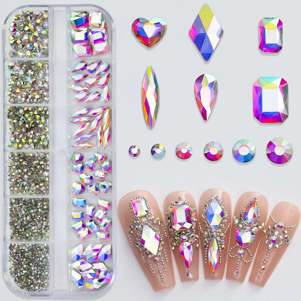 180pcs AB Flatback Glass Nail Art Rhinestones Multi-shape Mixed Diamond Gems Blue Purple Crystal Stones For DIY Nail Decoration Econic Blanks