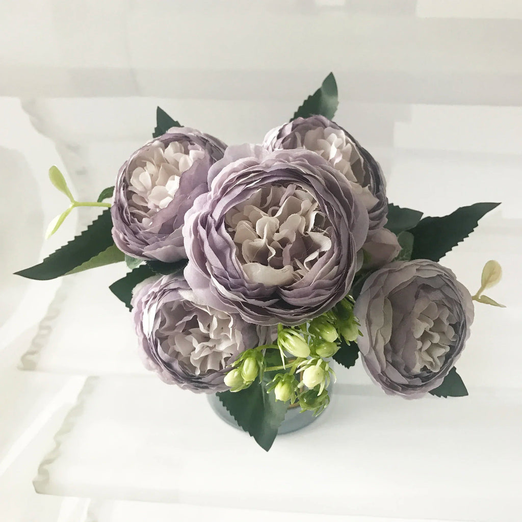 30cm Rose Pink Silk Peony Artificial Flowers Bouquet 5 Big Head and 4 Bud Cheap Fake Flowers for Home Wedding Decoration indoor Quick Pick Grocers
