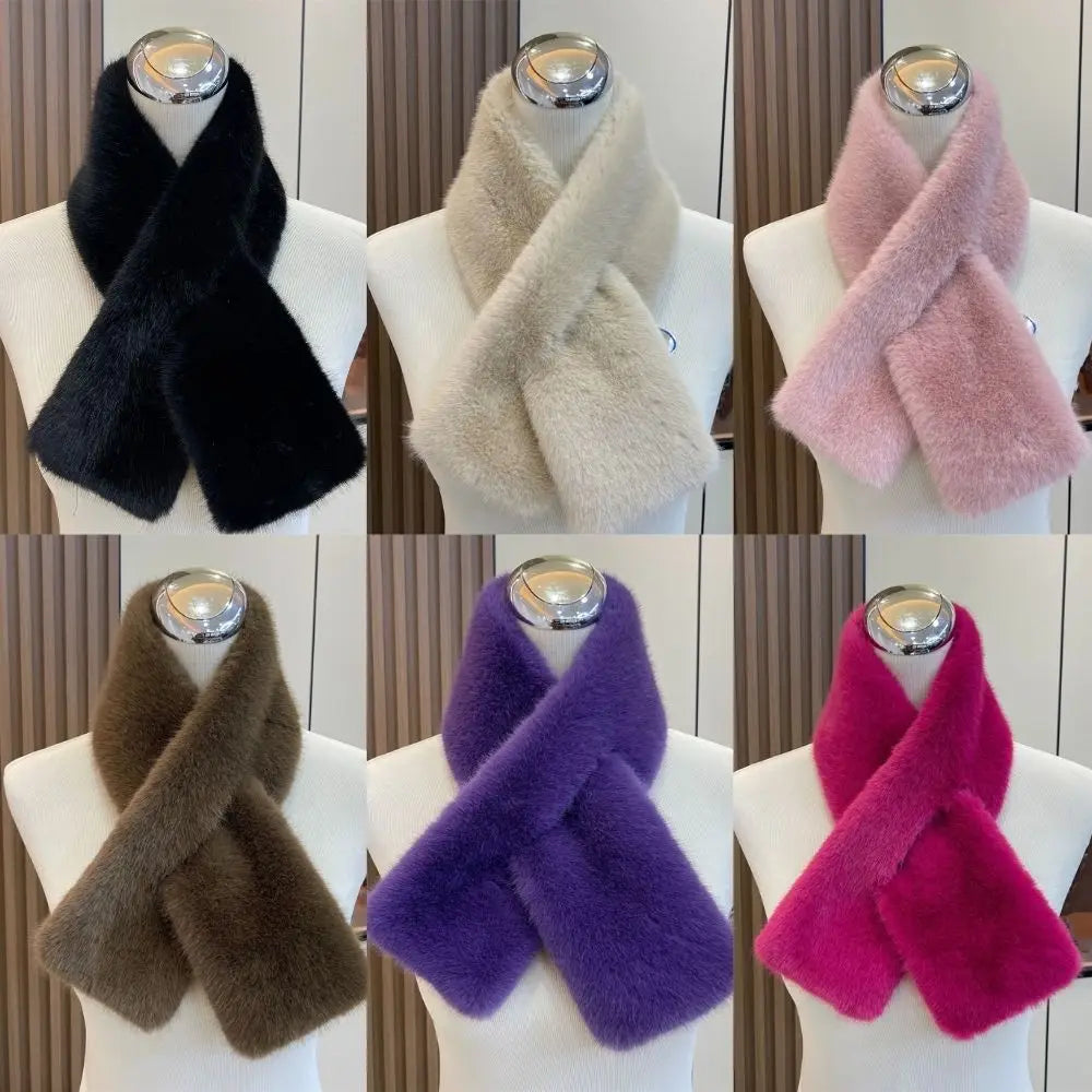 Women Winter Warm Thicken Cross Collar Scarf Solid Color Faux Rabbit Fur Cold Proof Scarves Fashion Soft Furry Neck Warmer Quick Pick Grocers