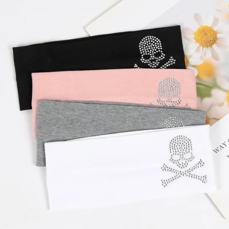 SKull Design Retro Street Punk Style Rhinestone Hair Strap Hot Girls Elastic Wide Edge Hairband Sports Anti Sweating Headband Quick Pick Grocers