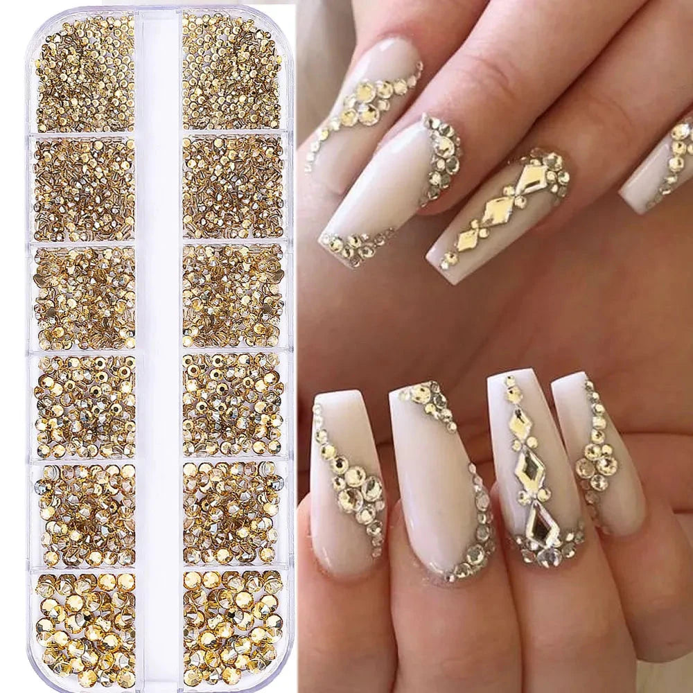 2400pcs+ Shiny Clear Crystal Gems Nail Rhinestones 1.5-4mm Mixed Round Glass Stone Flatback Nail Charms 12grids Nail Diamond DIY Econic Blanks