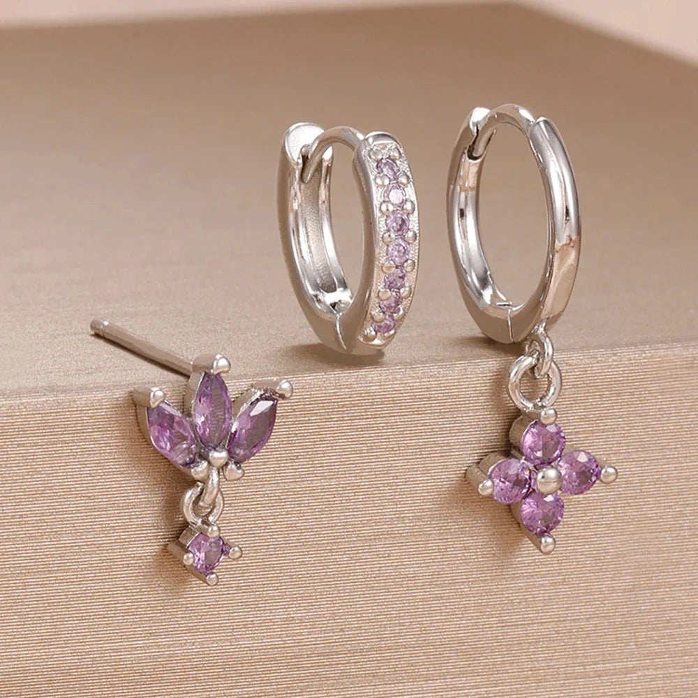 3PCS Fashion Orange Blue Zircon Hanging Earrings Set for Women Stainless Steel Flower Dangle Earring Piercing Jewelry Econic Blanks